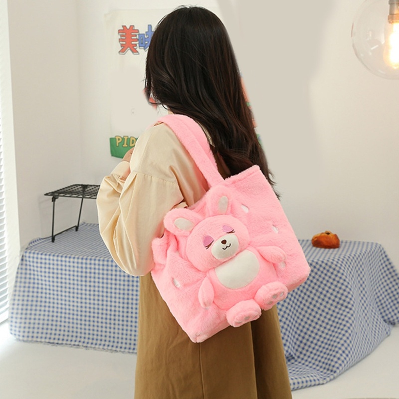 Túi Xách Tay Bằng Vải Bông Hình Thỏ Và Dâu Tây Màu Hồng Dành Cho Nữ