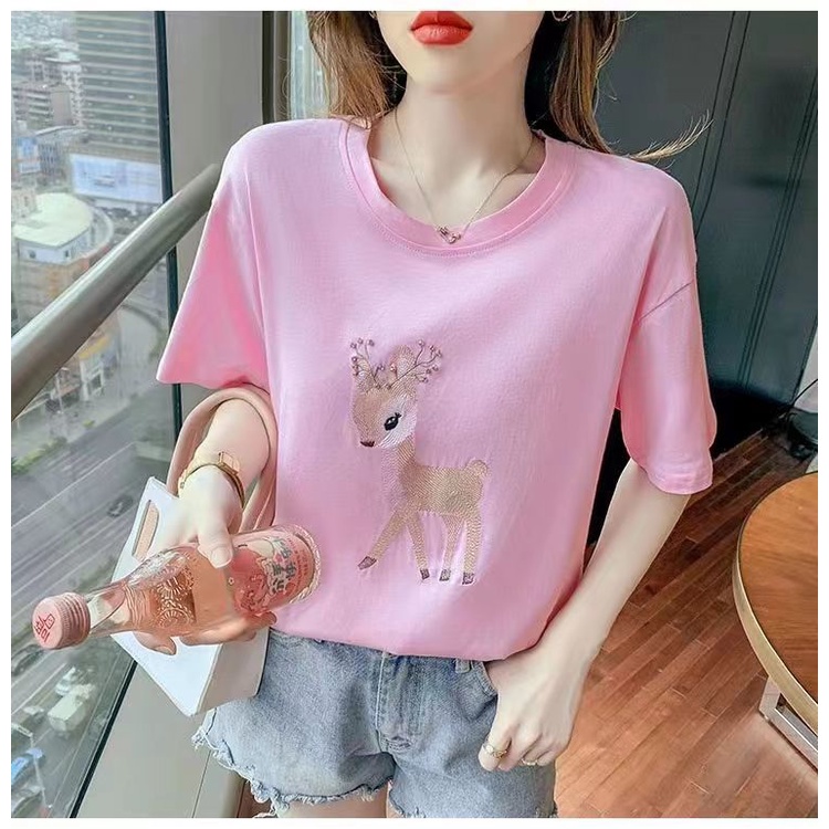 Áo Thun Cotton Ngắn Tay Dáng Rộng Thêu Họa Tiết Thời Trang Mùa Hè Hàn Quốc