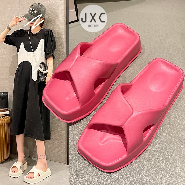 JINxCHOY Dép Đi Biển Mũi Tròn Màu Trơn Đế Dày Chống Trượt Thời Trang Đường Phố