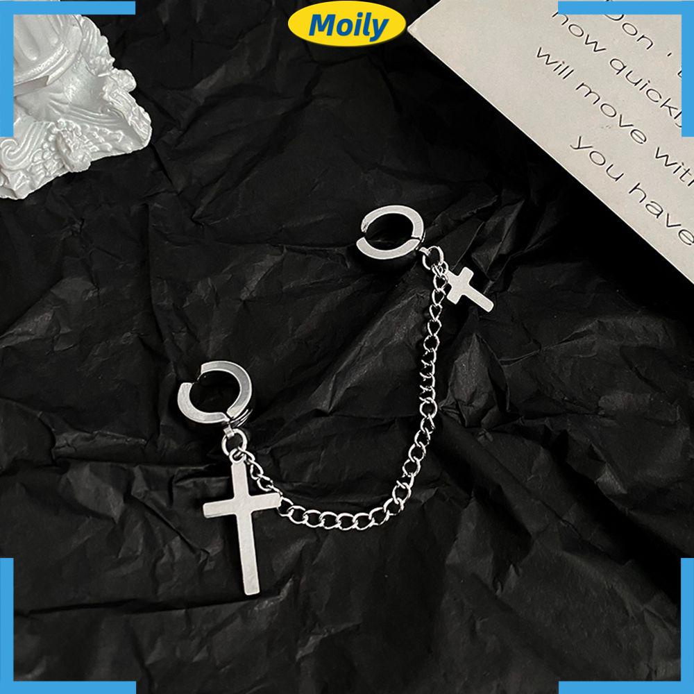 Bông tai bằng thép titan màu đen phối dây xích thời trang sáng tạo