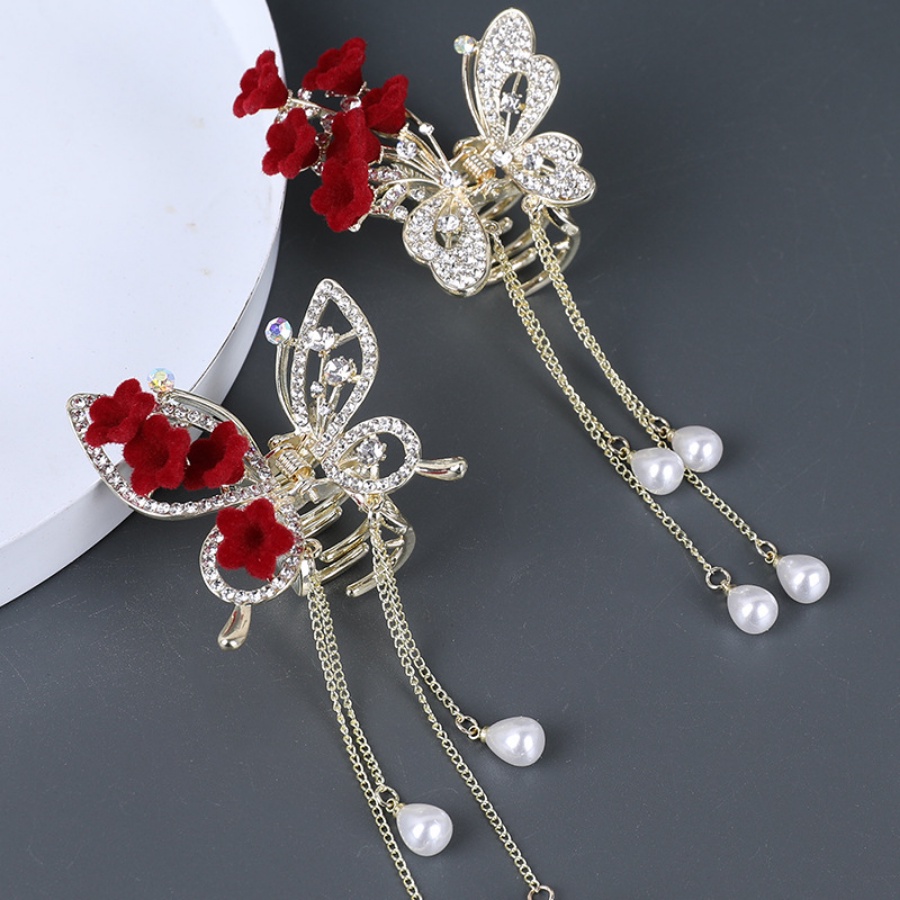 Kẹp Tóc Tua Rua Hình Hoa &amp; Bướm Bằng Hợp Kim Đính Kim Cương Giả Kiểu Hàn Quốc Cho