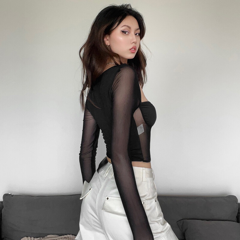 Kliou Áo Thun Tay Dài Mỏng Màu Đen Bí Ẩn Quyến Rũ Dễ Phối Đồ Thời Trang Đi Hộp Đêm Mới 2023 Dành Cho Bạn Nữ
