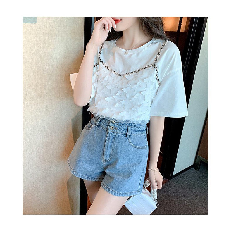 Áo Thun Cotton Giả Hai Mảnh Tay Ngắn Màu Trắng Phong Cách Mới Mùa Hè 2023