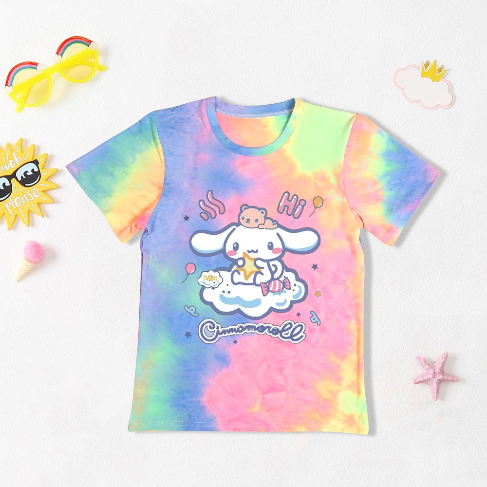 Cinnamoroll Áo Sơ Mi Dây Buộc Thời Trang Thuốc Nhuộm Mùa Hè Trẻ Em Quần Áo Tay Ngắn Bé Trai Bé Gái Cinnamoroll Hoạt Hình Áo Sơ Mi