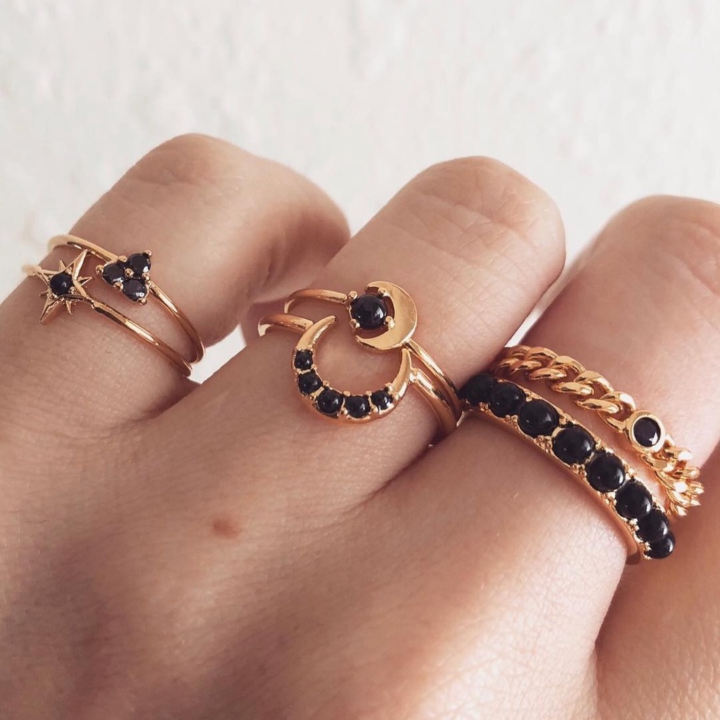 Bộ Trang Sức 6 Món Nhẫn + Vòng Tay + Nhẫn + Ngôi Sao Màu Đen Phong Cách Âu Mỹ Cổ Điển Thời Trang