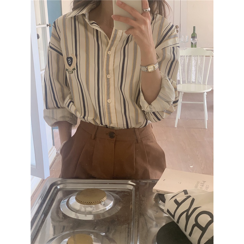 SUXI Áo Sơ Mi Nữ Dài Tay Kẻ Sọc Thời Trang Hàn