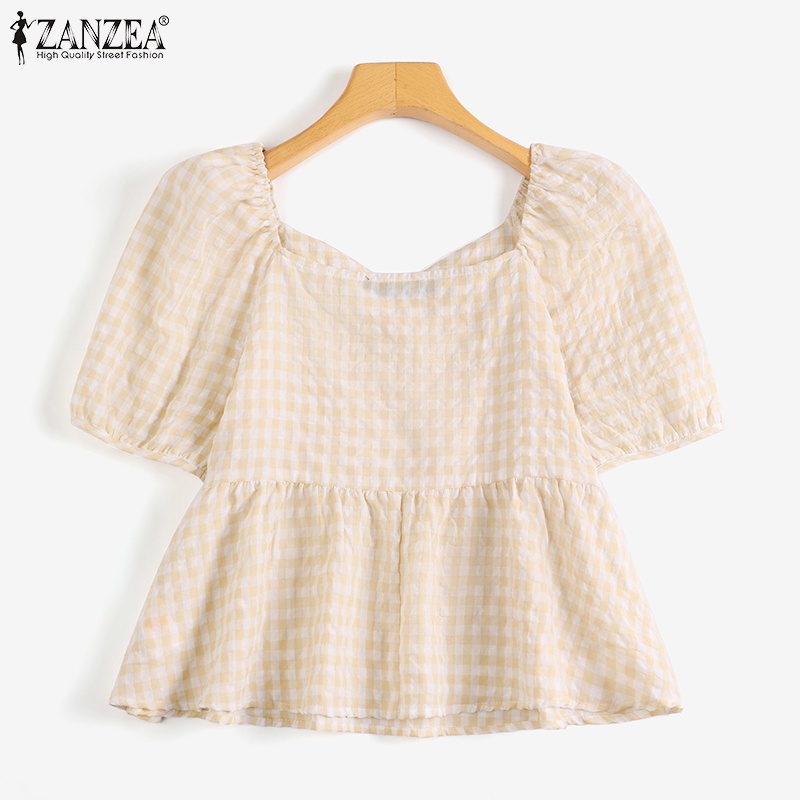 Áo ZANZEA tay ngắn phồng họa tiết caro phong cách Hàn Quốc dành cho nữ