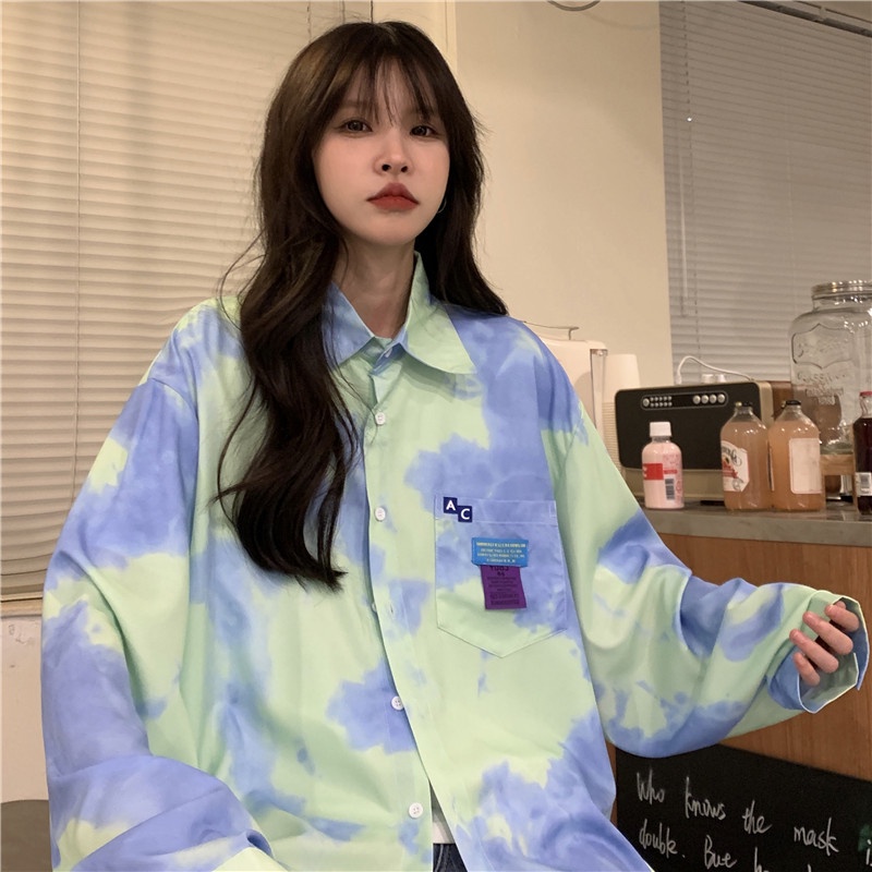 Áo Sơ Mi Tay Dài Nhuộm Màu Thiết Kế Dáng Rộng Phong Cách Vintage Thời Trang Mùa Xuân