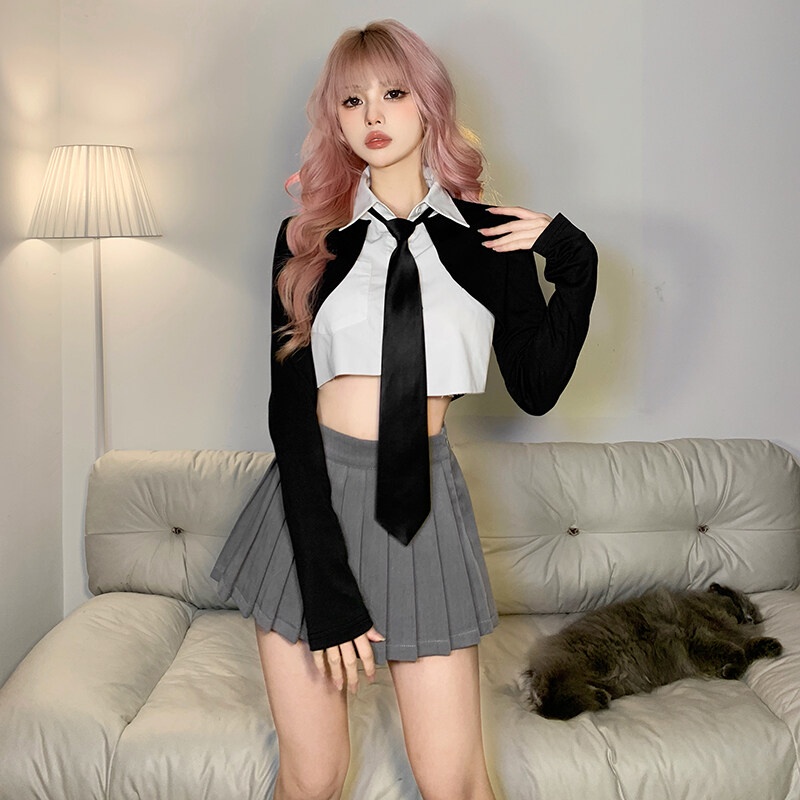 Kliou 2023 Mới Áo Croptop Tay Dài Thiết Kế Chắp Vá Dáng Ôm Dễ Thương Thời Trang Mới 2023 Y2K