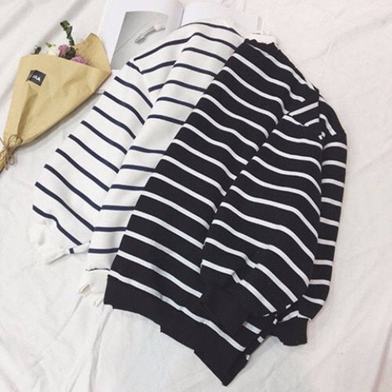 Áo Thun Dài Tay Cổ Tròn Form Rộng Họa Tiết Kẻ Sọc Phong Cách Harajuku Thời Trang Mùa Thu Cho Nữ