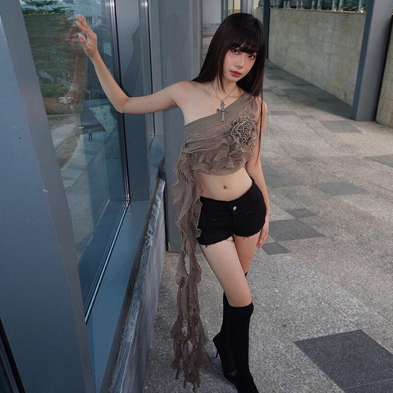 Áo Hai Dây Mỏng Ghép Vải In Hoa 3D Phối Bèo Thời Trang Mùa Hè Cho Nữ Y2K