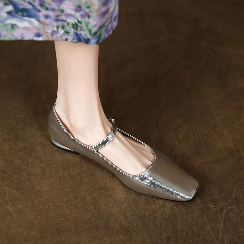 2023 French retro one-character buckle with square head shallow mouth silver Mary Jane single shoes women's RRST