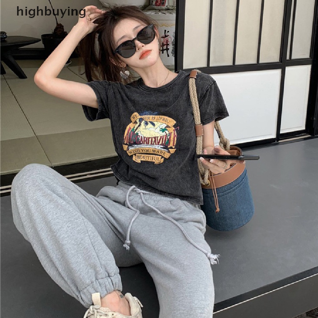 Áo Thun Croptop Tay Ngắn Cổ Tròn Dáng Rộng In Họa Tiết Kiểu Retro Mỹ Xinh Xắn Cho Nữ