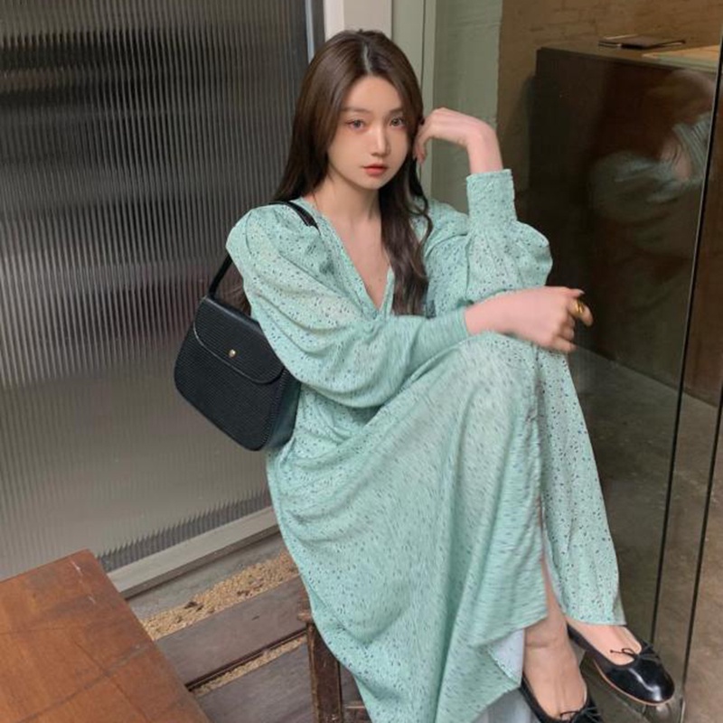 IELGY    Đầm Hoa Tay Dài Cổ Chữ v Xẻ Tà Quyến Rũ Thời Trang Kiểu Pháp Cho Nữ