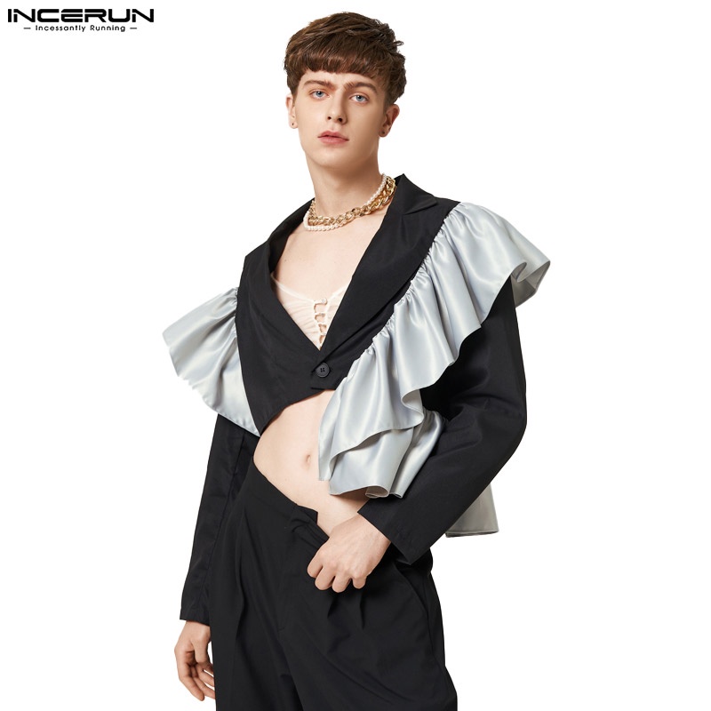 INCERUN Bộ Đồ Ngắn Phối Bèo Nhún Màu Sắc Tương Phản Cá Tính