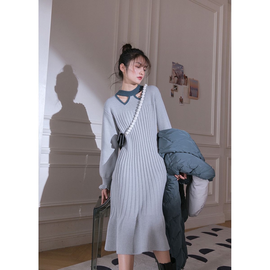 Đầm sweater Dệt Kim Dáng Lửng Phối Lỗ Lưới Thời Trang Thu Đông Cao Cấp Cho Nữ