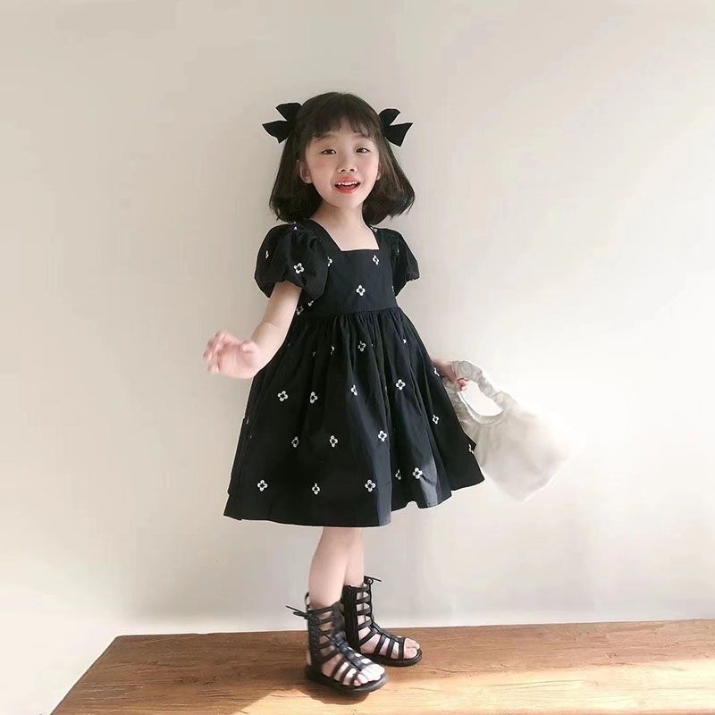 Đầm Công Chúa Mùa Hè Tay Phồng Cổ Vuông Xếp Ly Dễ Phối Đồ Hợp Thời Trang Phong Cách Hàn Quốc Cho Bé Gái