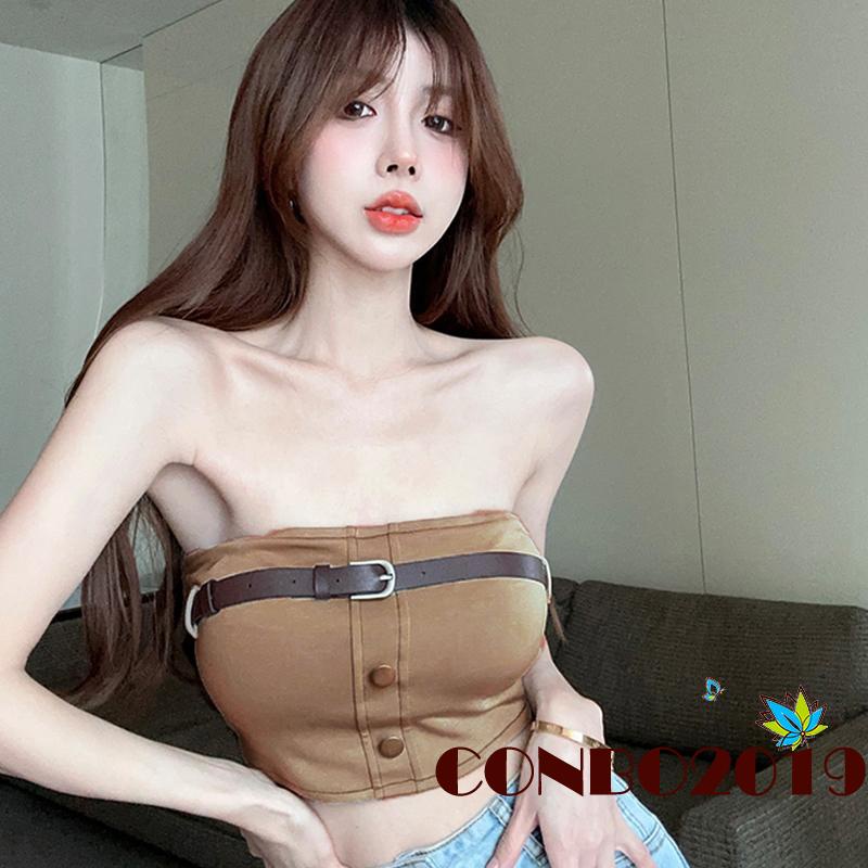 Áo Croptop Không Dây Dáng Ôm Cài Nút Kim Loại Phía Trước Thời Trang Cho Nữ