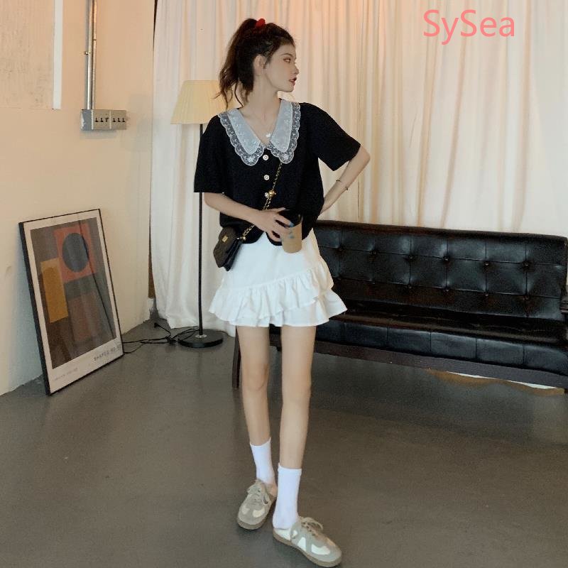 Plus Áo Sơ Mi Ngắn Tay Cổ Búp Bê Kèm Quần Ngắn Thiết Kế Thời Trang Pháp Cho Nữ