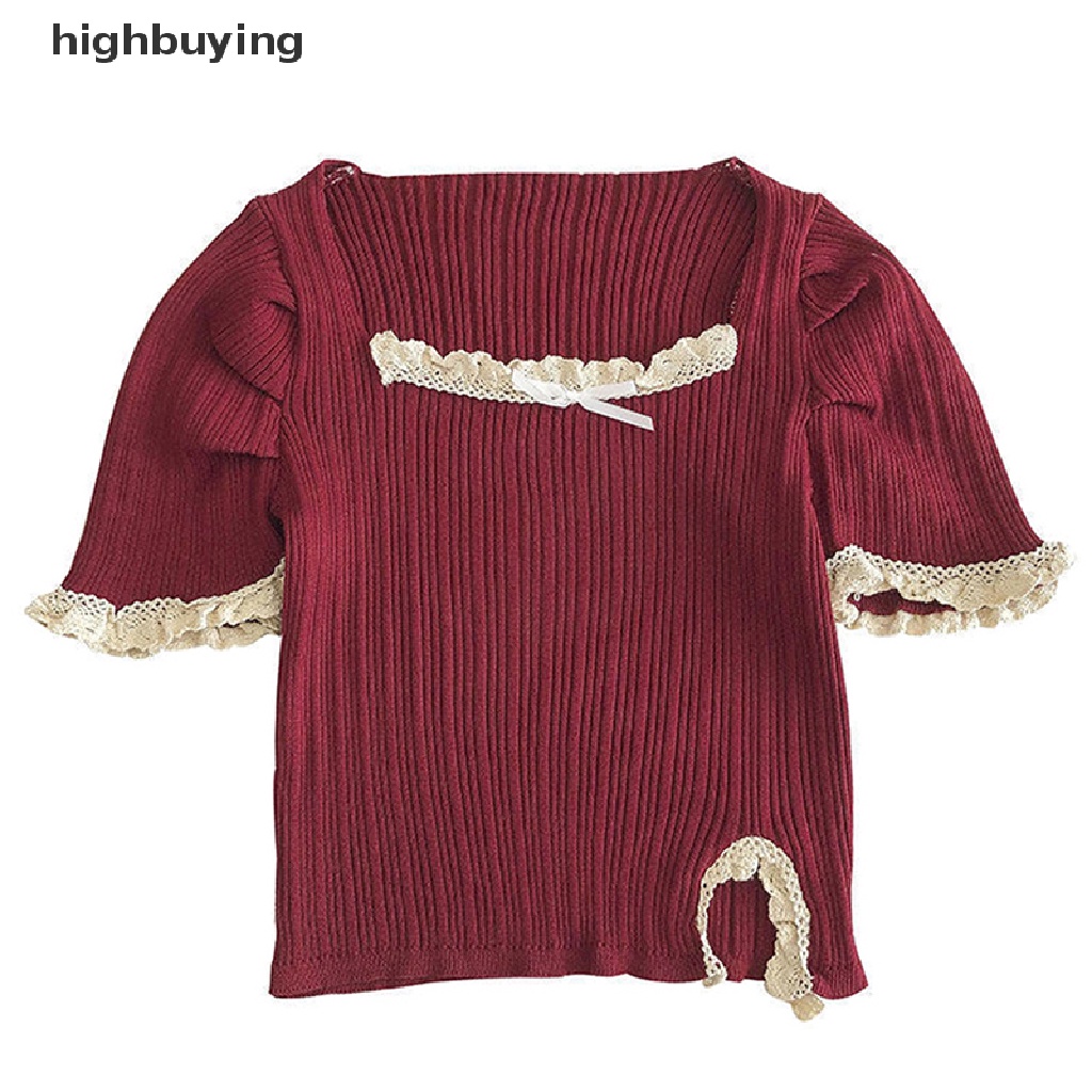 Áo Thun Croptop Dệt Kim Cổ Vuông Thắt Nơ Phong Cách Harajuku Thời Trang Mùa Hè Quyến Rũ Cho Nữ