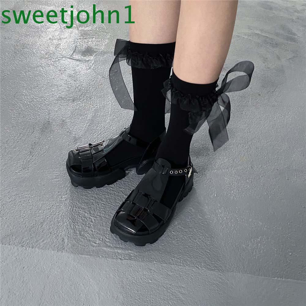 Vớ đùi ngang ống chân mềm mại phối nơ và ren thoáng khí nhiều màu sắc phong cách Lolita cho nữ