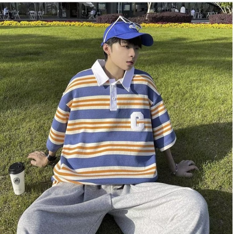 Áo polo Tay Ngắn Dáng Rộng Họa Tiết Kẻ Sọc Thêu Chữ Thời Trang Mùa Hè 2023 Mới Cho Nam