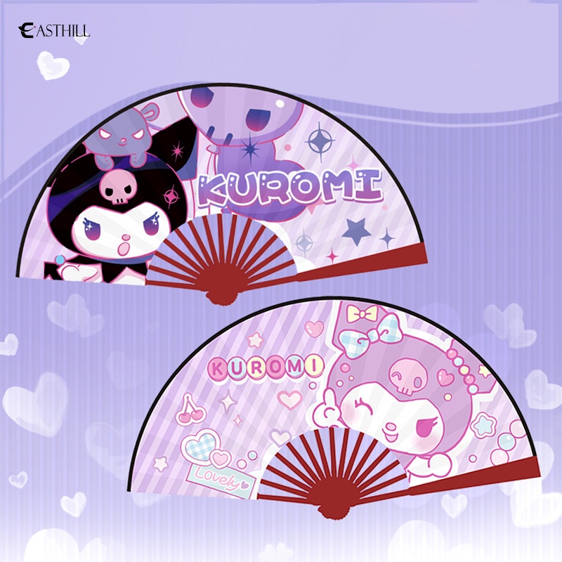 SANRIO Quạt Xếp Vải Lụa Tay Cầm Bằng Tre In Hoạt Hình Cinnamoroll My Melody Dễ Thương Cho Nữ