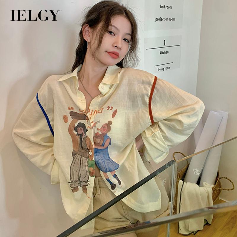 IELGY Áo Sơ Mi Tay Dài In Họa Tiết Hoạt Hình Phong Cách Hàn Quốc Cho Nữ