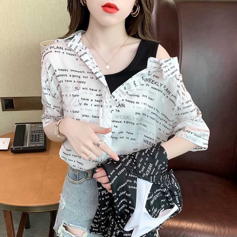 Áo Sơ Mi Chiffon Mỏng Tay Ngắn Giả Hai Mảnh Phong Cách Pháp Thời Trang Mùa Hè 2023 Mới Cho Nữ