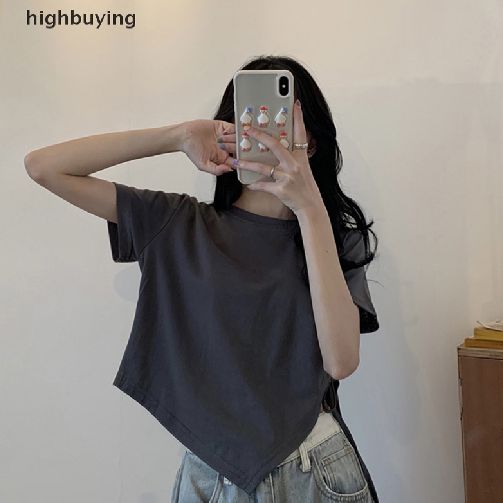 Áo Thun Crop Top Tay Ngắn Cổ Tròn Màu Trơn Phối Dây Rút Thời Trang Mùa Hè Cho Nữ