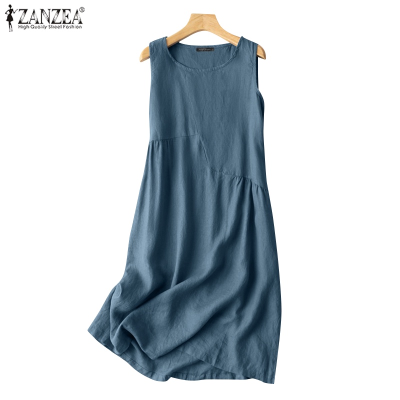 Zanzea Đầm Sát Nách Cổ Tròn Phong Cách Hàn Quốc Thời Trang Cho Nữ