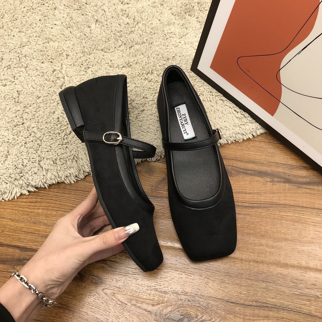 Giày Búp Bê Mary Jane Da Lộn Mũi Vuông Đế Bằng Phong Cách Retro Thời Trang 2023 Mới Cho Nữ