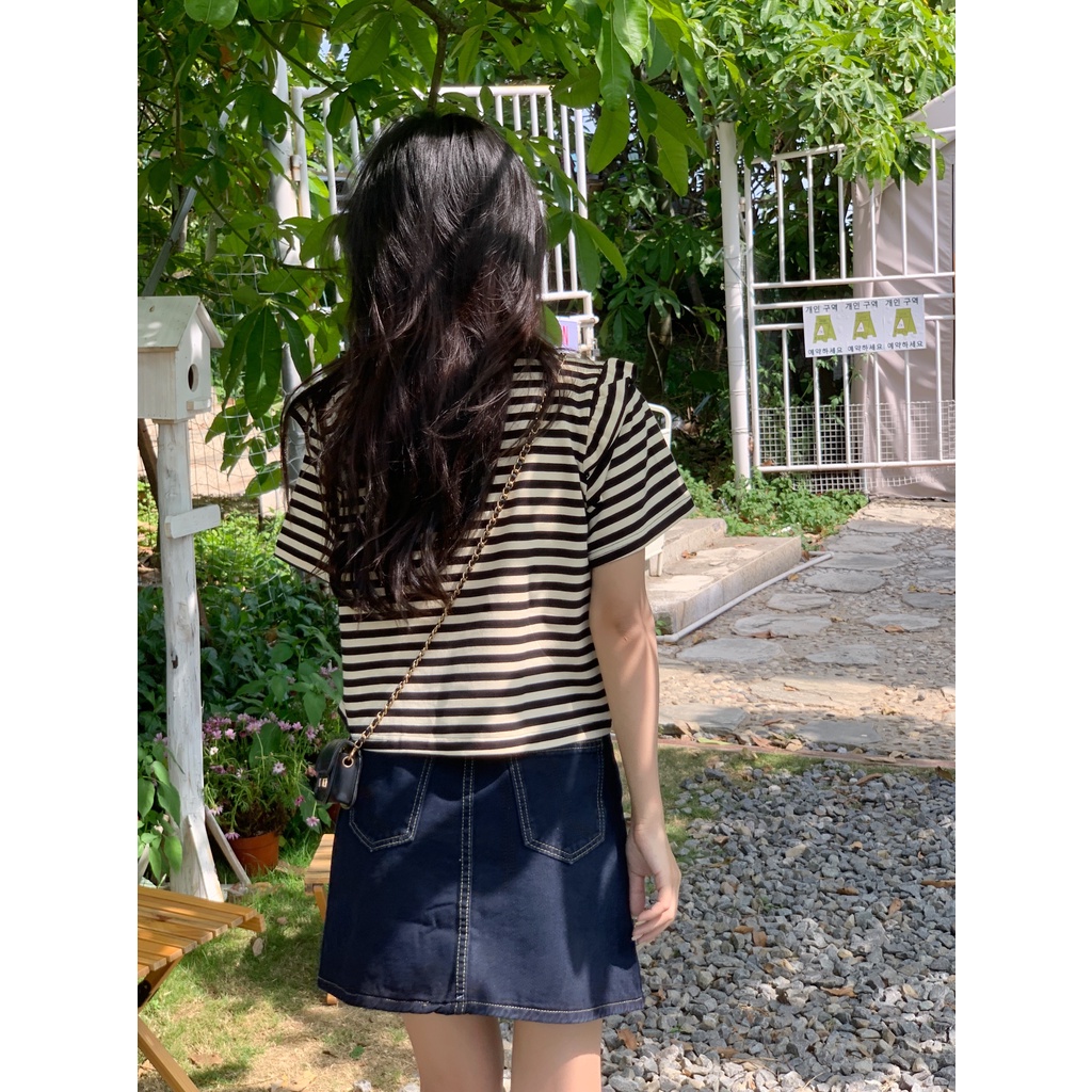 Áo thun SUXI tay ngắn cổ tròn dáng rộng họa tiết kẻ sọc thời trang cổ điển dễ phối đồ cho nữ