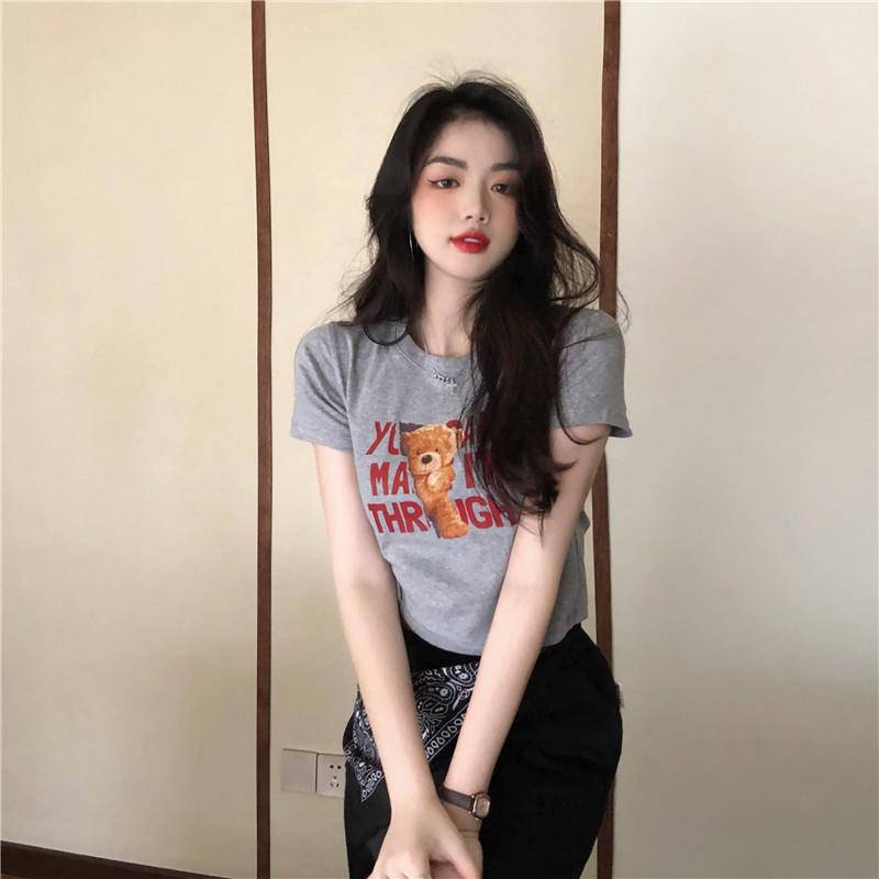 Áo Thun Ngắn Tay In Hình Gấu Và Chữ Phong Cách Hàn Quốc Thời Trang Mùa Hè Hàng Mới Dành Cho Bạn Nữ