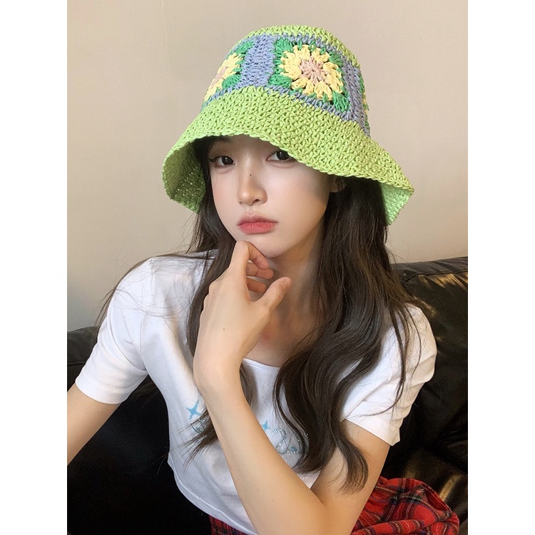 Nón Tai Bèo Đan Cói Thủ Công Họa Tiết Hoa Xinh Xắn Thời Trang Hàn Quốc