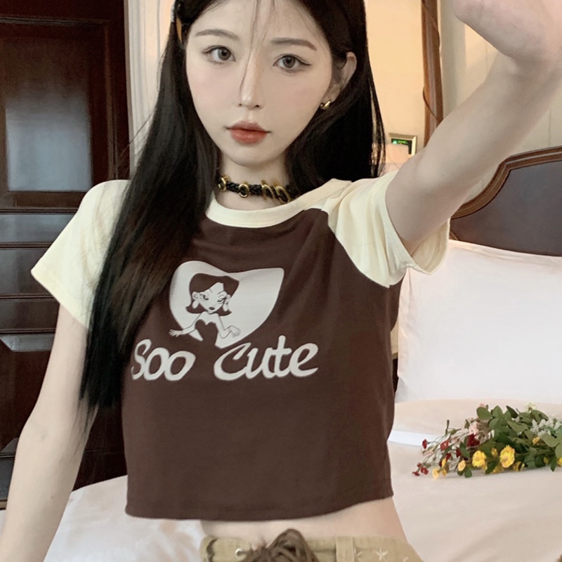 IELGY Áo Thun Tay Ngắn Dáng Ôm Màu Sắc Tương Phản Thời Trang Cho Nữ