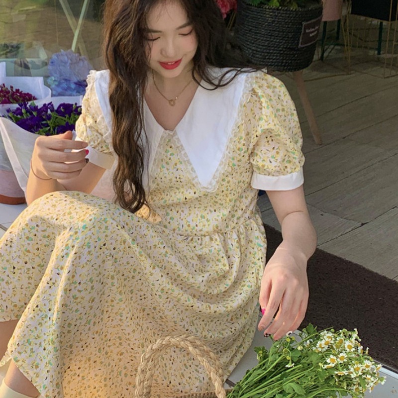 IELGY   Đầm Midi Cổ Búp Bê Họa Tiết Hoa Ngọt Ngào Thời Trang Cho Nữ