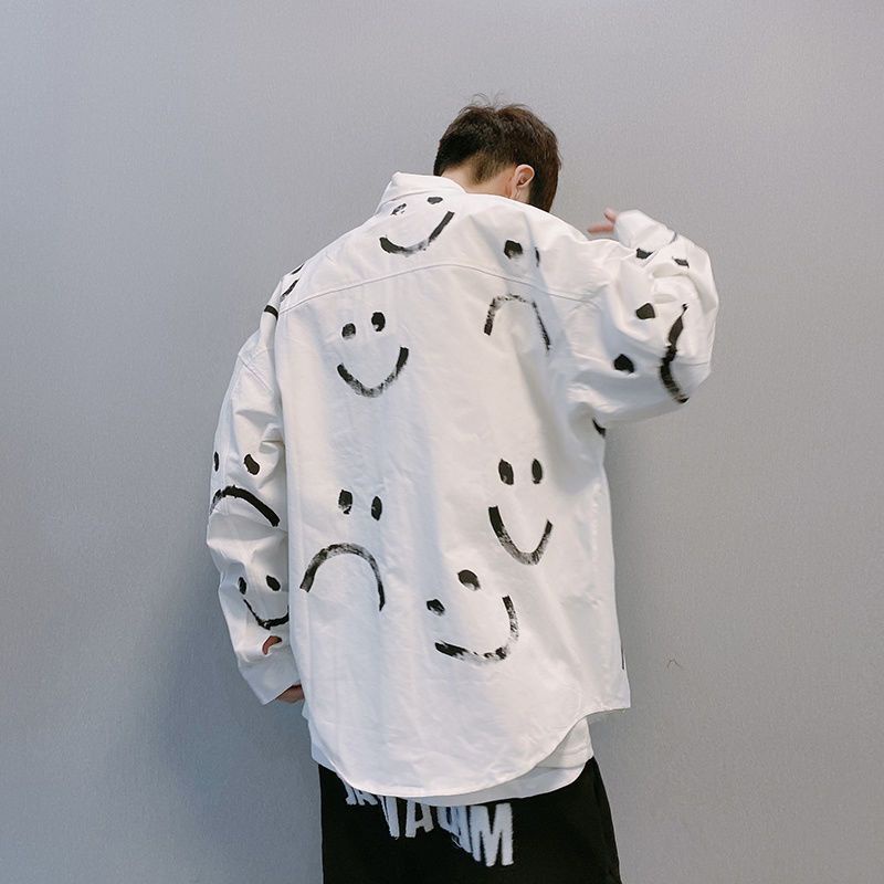 Hàng Mới Về Áo Sơ Mi Nam Dài Tay Dáng Rộng Họa Tiết Mặt Cười Phong Cách Nhật Bản