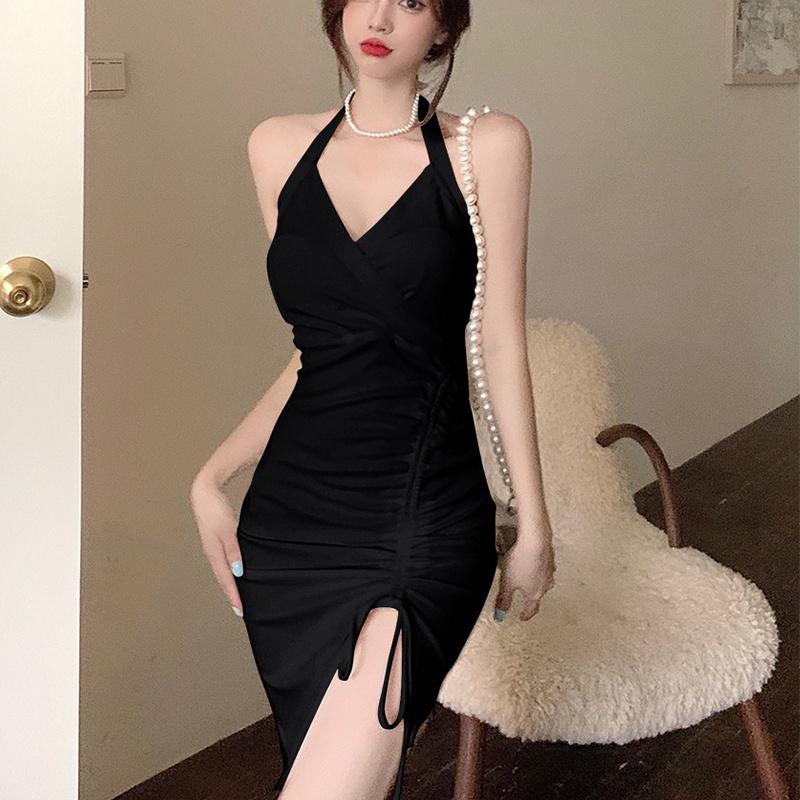 IELGY   Đầm Hai Dây Cổ Chữ v Xẻ Tà Ôm Dáng Thời Trang Cho Nữ