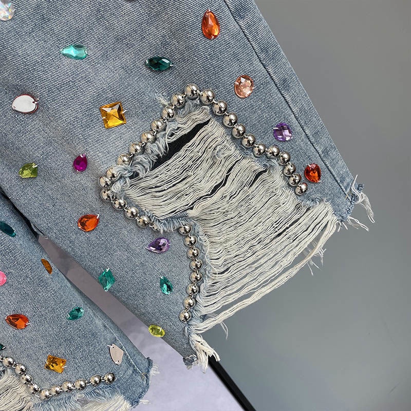 Quần Short Denim Lưng Cao Dáng Rộng Thiết Kế Rách Đính Đá Cá Tính