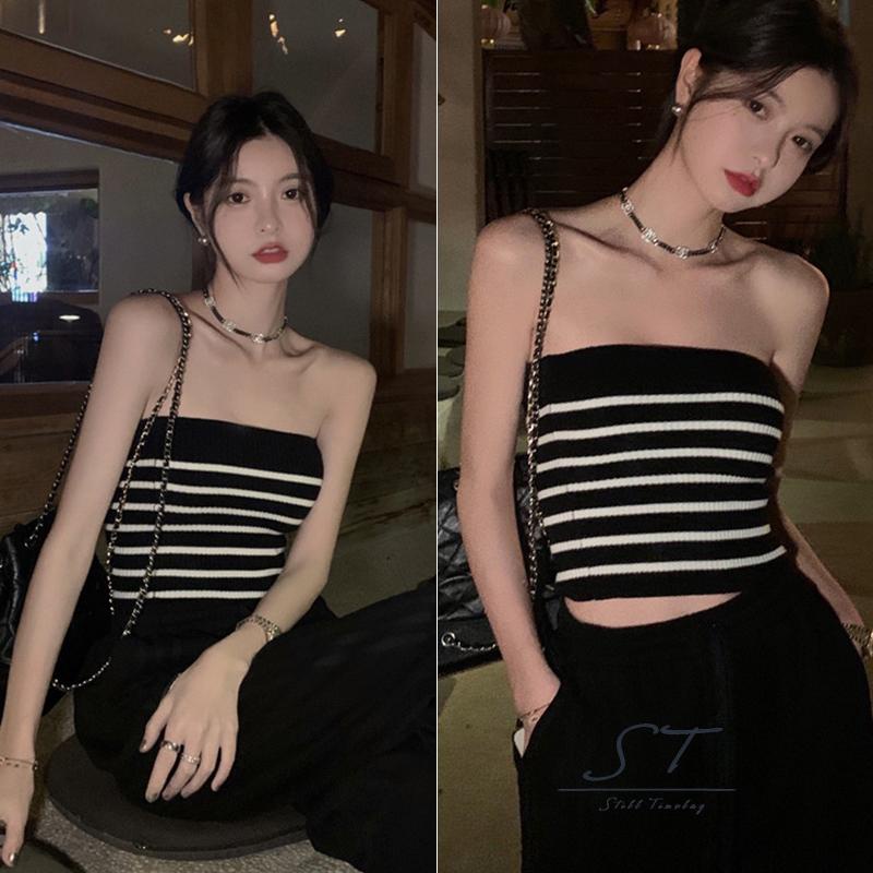 Áo Tank Top Hai Dây Dệt Kim Mỏng Họa Tiết Kẻ Sọc Ngang Cho Nữ CY03