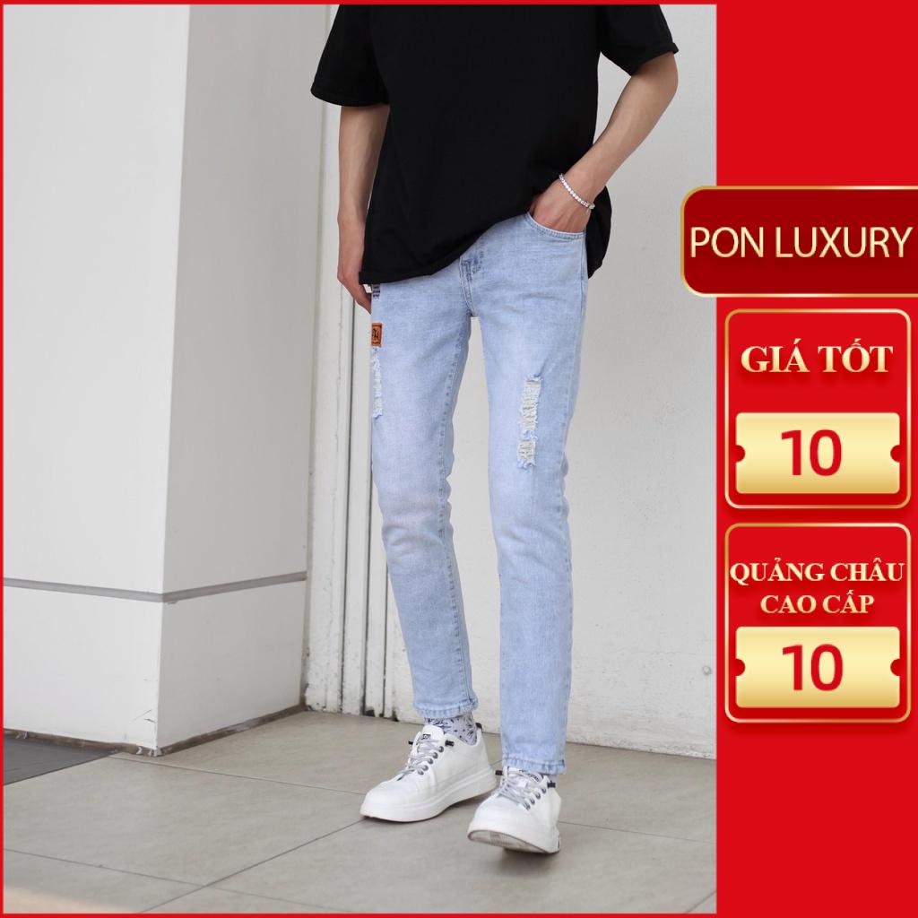 Quần jean nam rách gối co giãn nhiều thêu chữ xanh nhạt dáng slimfit phom ôm ponluxury hà nội hcm freeship