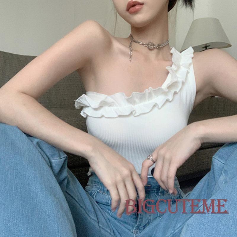 [] Áo Crop Top Không Tay Một Bên Vai Có Gân Ôm Dáng Màu Trơn Mùa Hè Cho Nữ