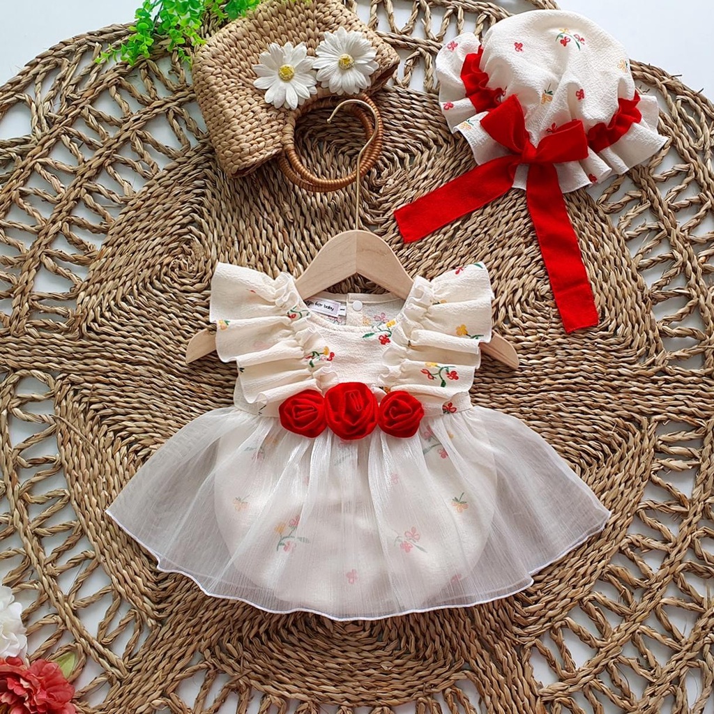Set body váy bé gái hoa nhí kèm nón MINTSCLOSET Mint's Closet váy trắng đính hoa đỏ bé gái sơ sinh 1 2 3 tuổi - BV7045