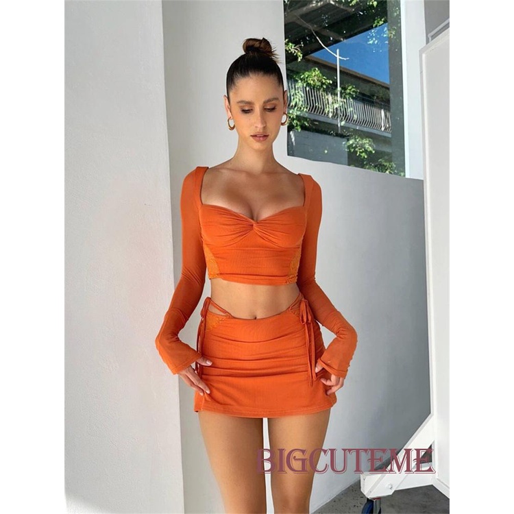 Bộ Áo Croptop Tay Dài Màu Trơn 2 Dây + Chân Váy Mini Màu Cam / Đen Thời Trang Mùa Hè Xinh Xắn Cho Nữ