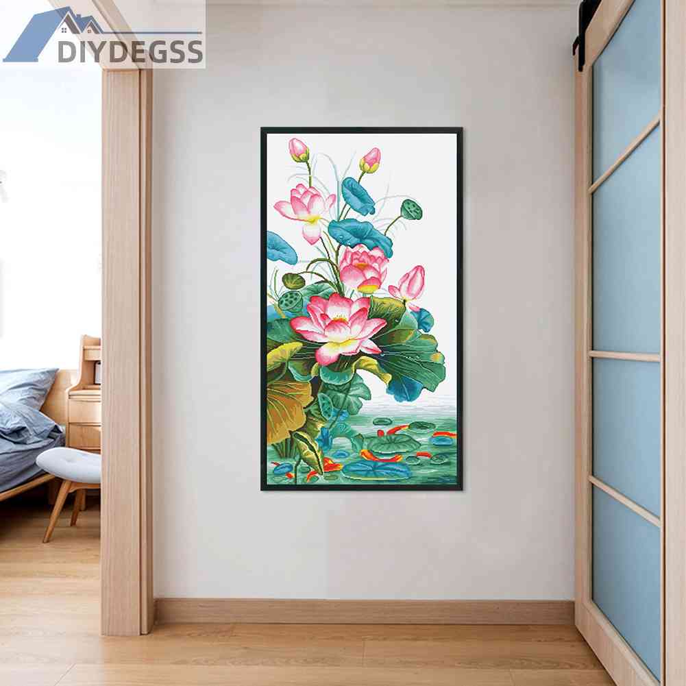 Bộ Tranh Thêu Chữ Thập DIY Hình Chín Con Cá Và Hoa Sen 11CT