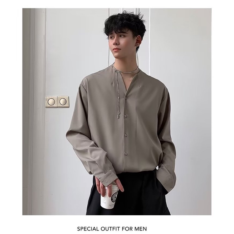 Áo Sơ Mi Tay Dài Dáng Rộng Cổ Chữ V Màu Sắc Đơn Giản Thời Trang Xuân Hè Cho Nam