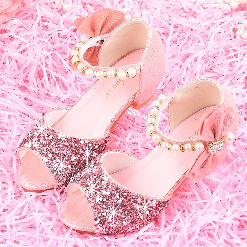 Xăng đan Cao Gót Mùa Hè Đính Nơ Lớn Màu Hồng Phong Cách Công Chúa Mới Cho Bé Gái Biểu Diễn Trình Diễn