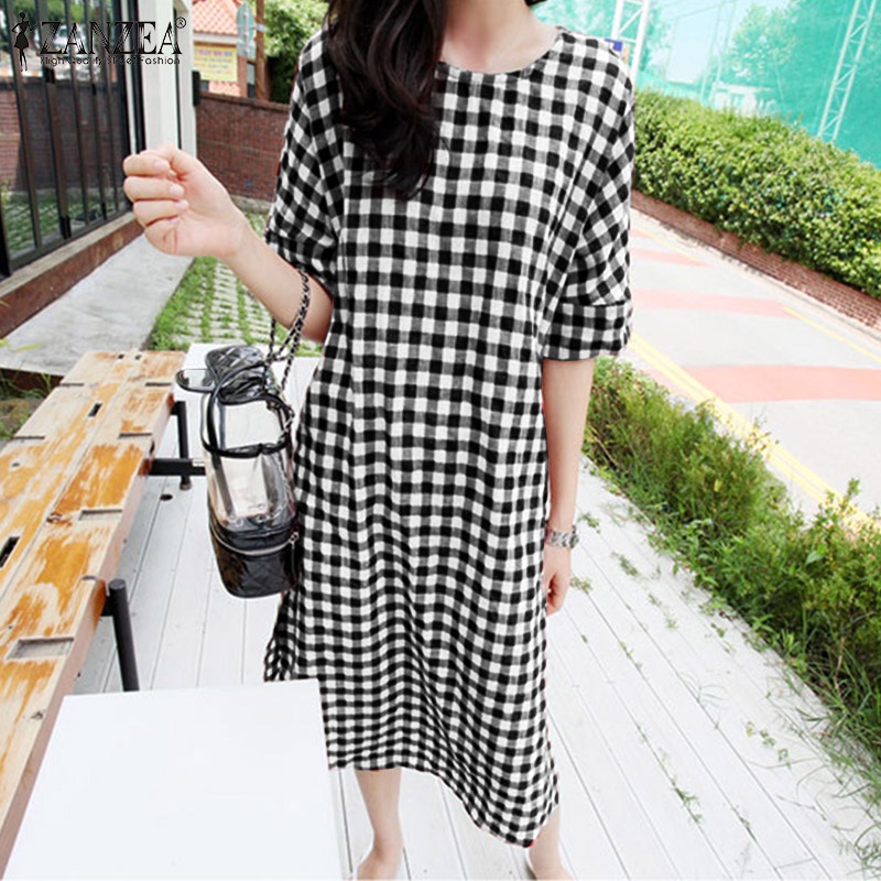 ZANZEA Đầm Tay Lửng Cổ Tròn Họa Tiết Kẻ Ô Thời Trang Hàn Quốc Cho Nữ