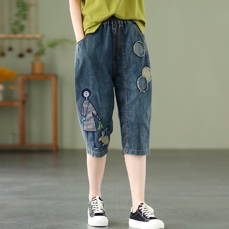 Quần Jeans Lửng Lưng Thun Thêu Họa Tiết Hoạt Hình Thời Trang Mùa Hè Cho Nữ